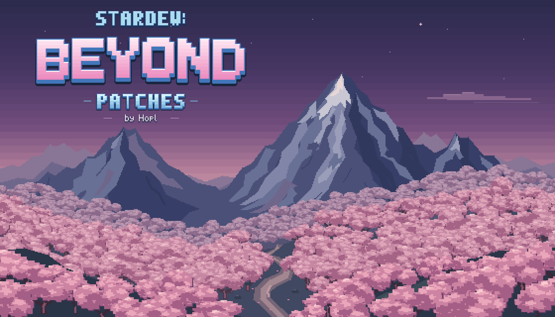 Stardew: Beyond - Patches by Hopl, above mountains and pink blossom trees